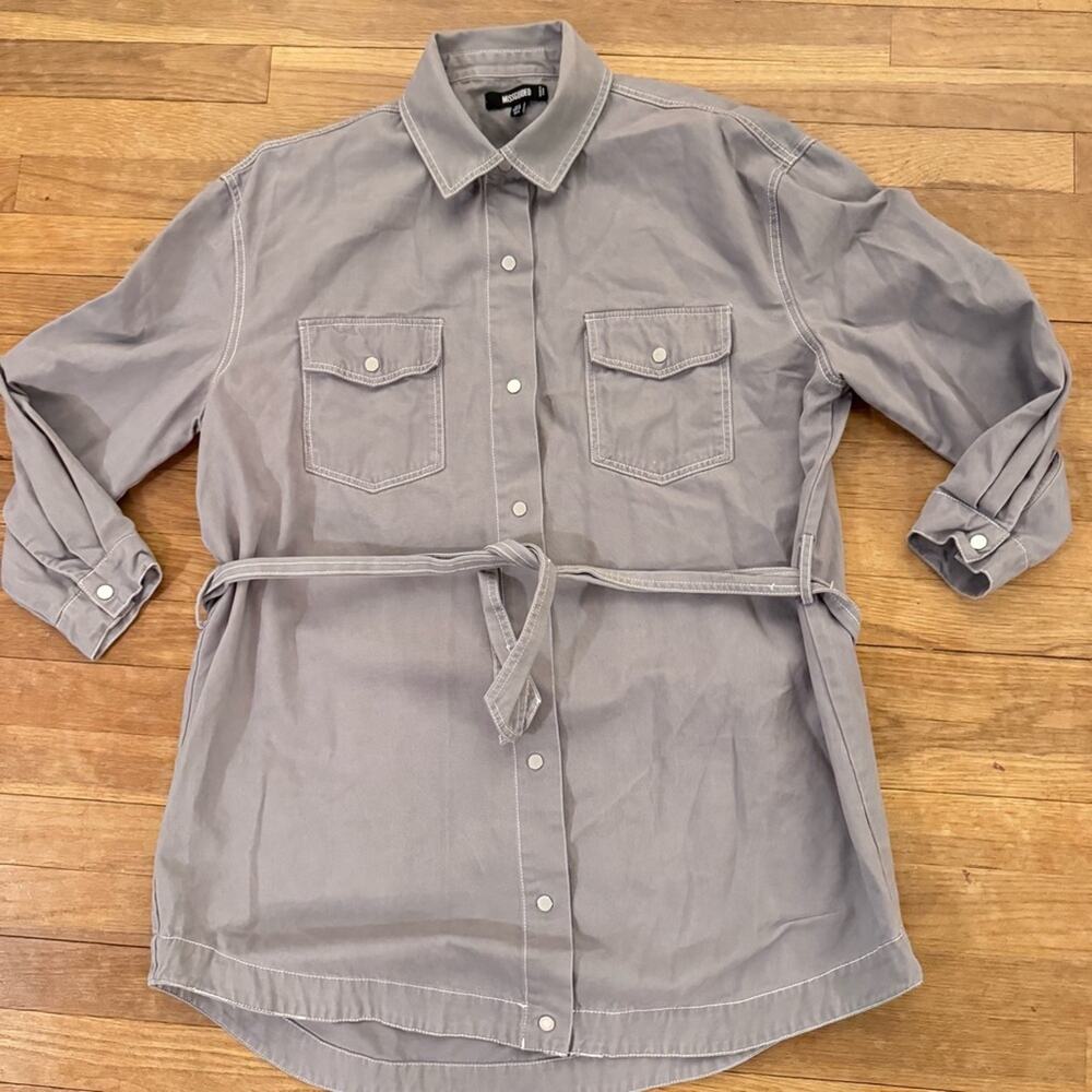 Missguided Gray Button-Up Belted Tunic Mini Shirt Dress Size 4
 b9